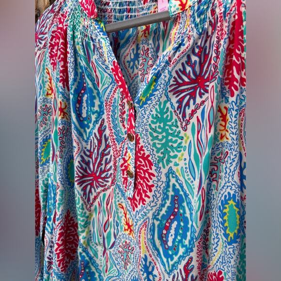 Lilly Pulitzer Blouse Silk Elsa Gold Button Lets Minnow Size Small - Picture 5 of 12